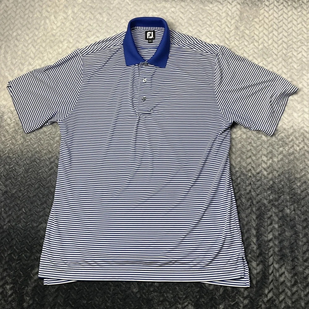 FootJoy FJ‎ Polo Golf Shirt MENS Large Blue White Striped Polyester/Spandex